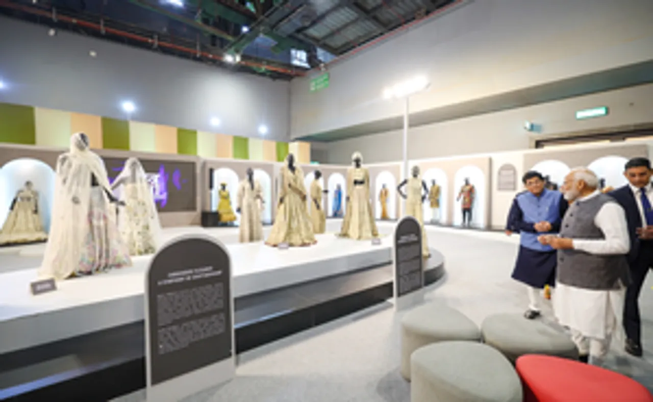 New Delhi: Prime Minister Narendra Modi visits the Textile exhibition showcased on the “Bharat Tex 2024” at Bharat Mandapam