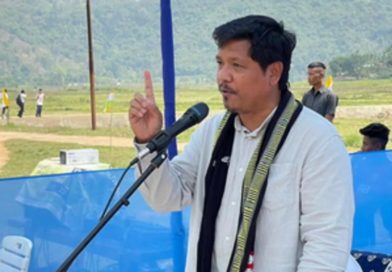 East Garo Hills  Meghalaya Chief Minister Conrad K Sangma addresses an election rally in support of party candidate Agatha Sangma at Mangsang