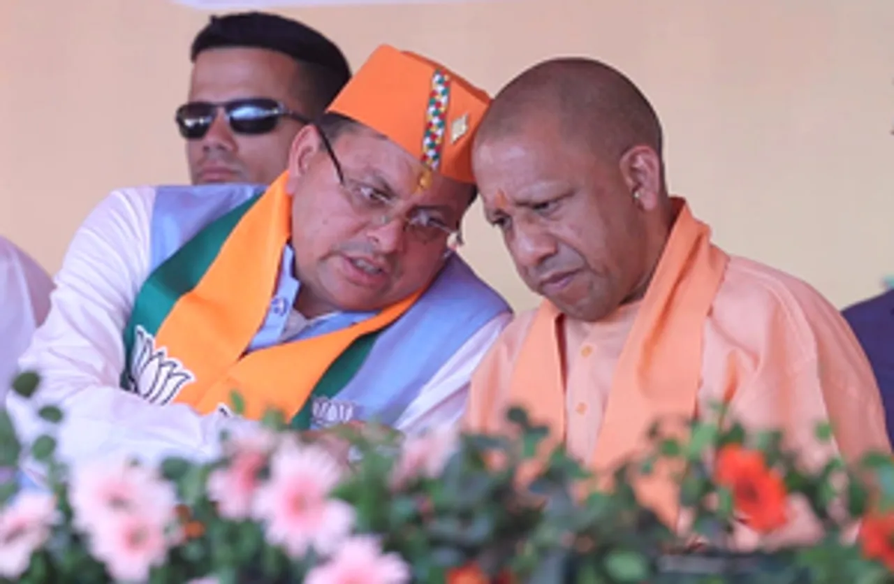 Haldwani: Uttarakhand Chief Minister Pushkar Singh Dhami and Uttar Pradesh Chief Minister Yogi Adityanath during a public meeting ahead of Lok Sabha elections