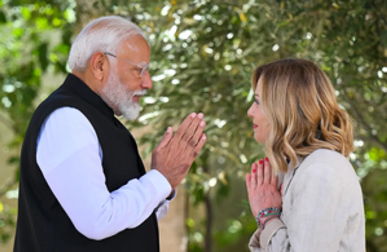 Apulia: Prime Minister Narendra Modi is received by Italian Prime Minister Giorgia Meloni as he arrives at Borgo Egnazia to participate in the G7 Summit
