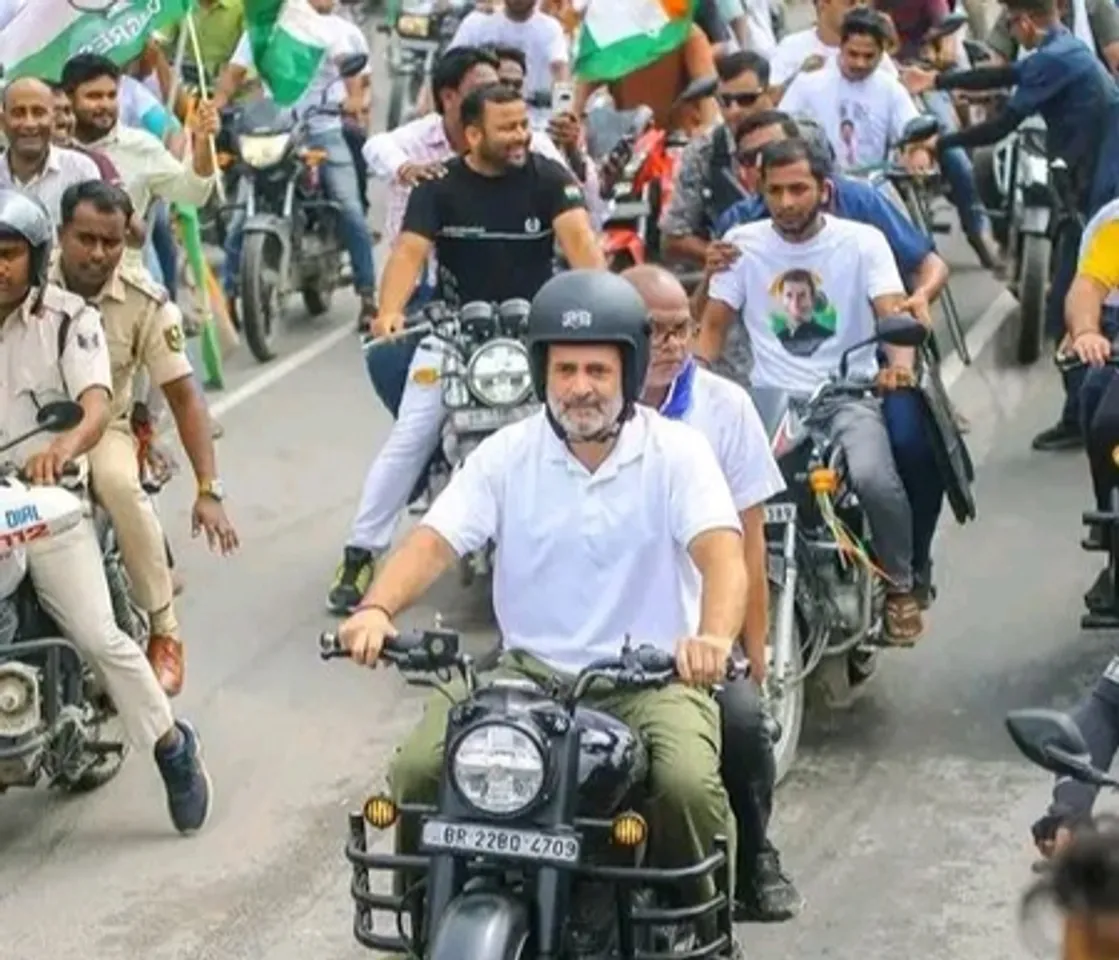 राहुल गांधी ने 'वोटर अधिकार यात्रा' के आठवें दिन की बुलेट की सवारी, बाइक रैली में हुए शामिल