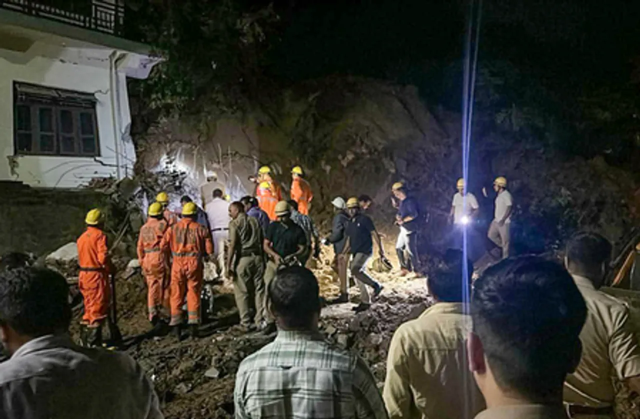 Mandi: Police and NDRF personnel conduct rescue operations at landslide site