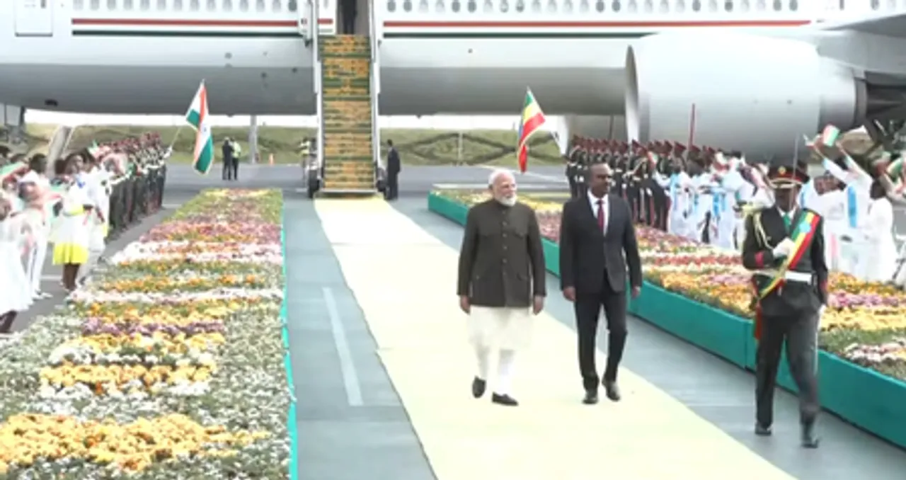 PM Modi arrives in Addis Ababa, received by Ethiopian counterpart at airport