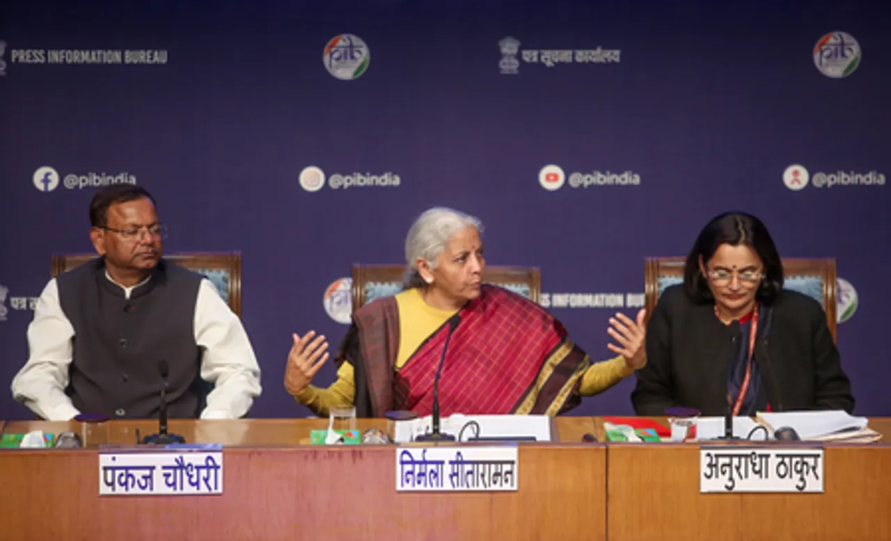Union Minister for Finance and Corporate Affairs Nirmala Sitharaman addresses a post-budget press conference as Minister of State for Finance Pankaj Chaudhary and Economic Affairs Secretary Anuradha Thakur look on at the National Media Centre in New Delhi on Sunday, February 1, 2026. (Photo: IANS/Prem Nath Pandey)