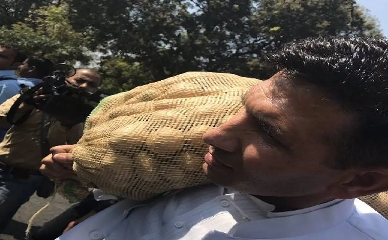 MP में कांग्रेस MLA पटवारी आलू की बोरी कंधे पर लादकर पहुंचे विधानसभा, किसानों को सही कीमत नहीं मिलने से थे नाराज