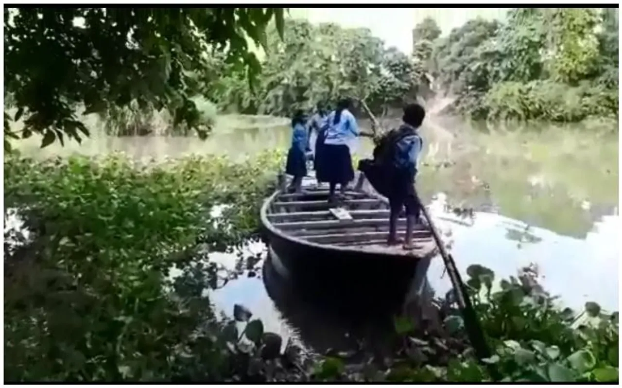 यहां खुद नाव चलाकर स्कूल जाने को मजबूर हैं बच्चे, सोया है जिला प्रशासन