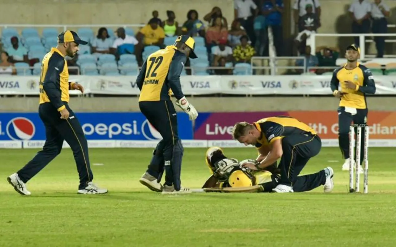 CPL 2019: आंद्रे रसेल के सिर पर लगी हार्डस विल्जोएन की बाउंसर, डर के मारे सहम गया पूरा मैदान