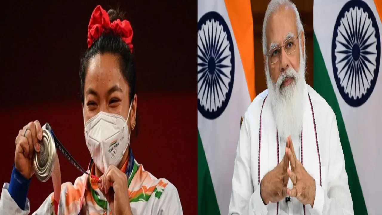 PM Modi and Olympian weightlifter Mirabai Chanu