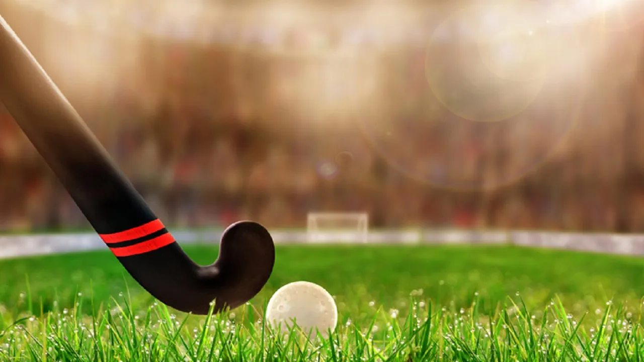 field hockey stick ball on grass shut