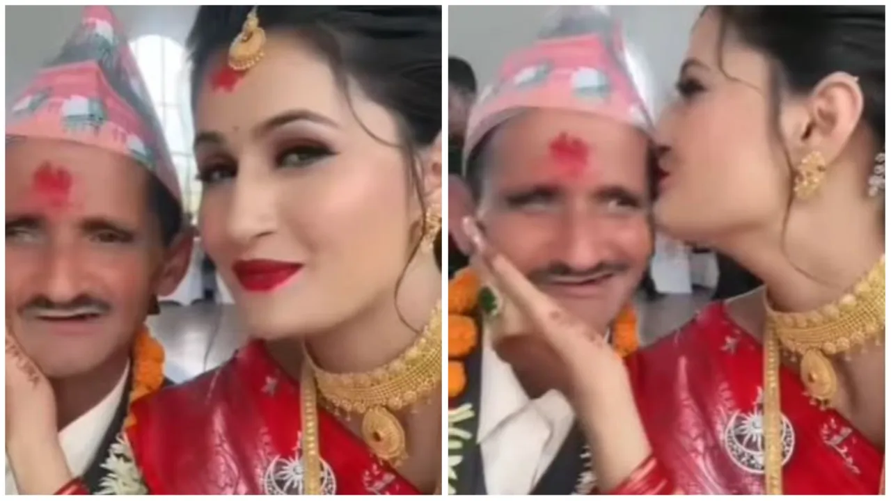 Unique Marriage Bride Kisses Her Husband
