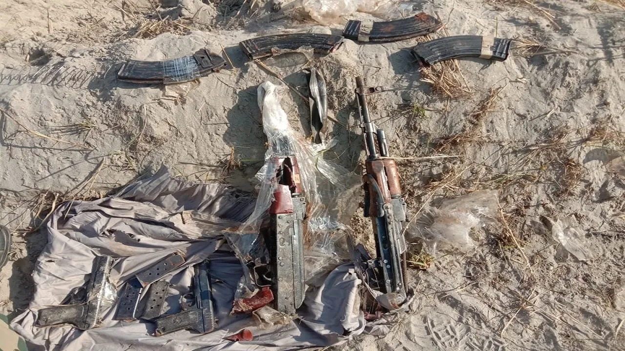 BSF troops recovered two AK 47 rifles  4 rifle magazines  2 pistols and 4 pistol magazines  and cart