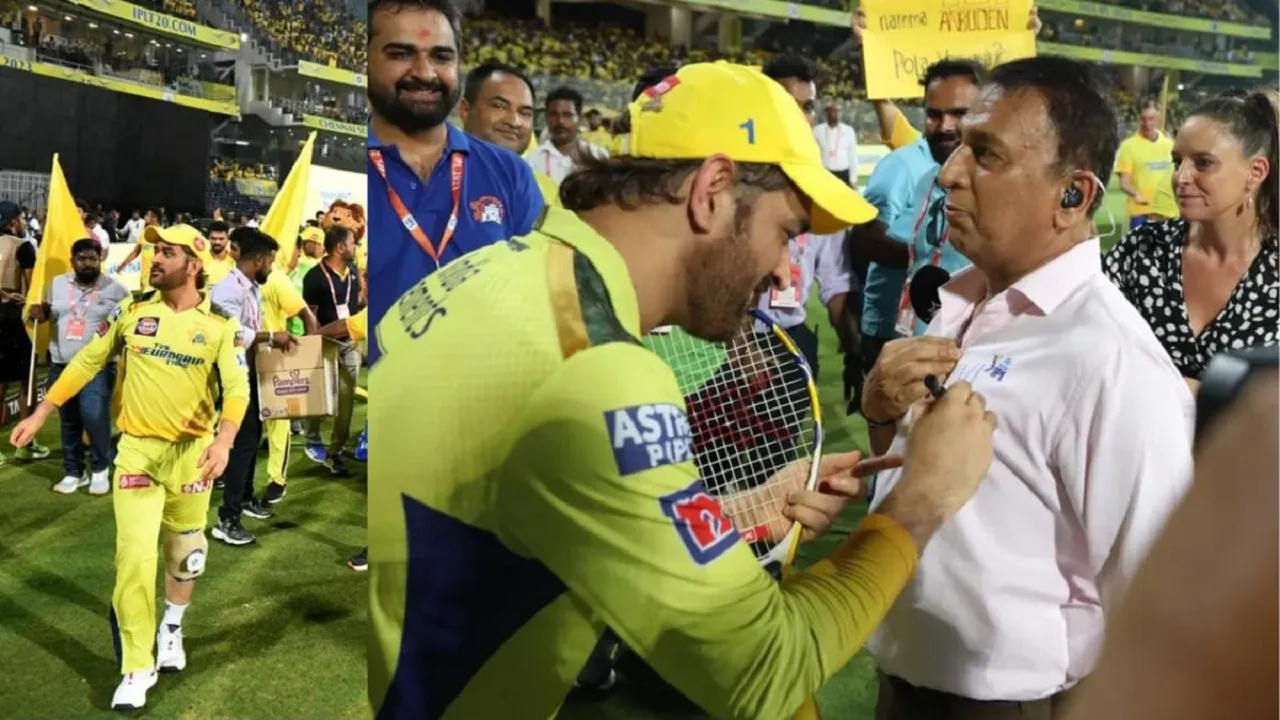 ipl 2023 kkr vs csk ms Dhoni gives autograph on Gavaskar’s shirt video