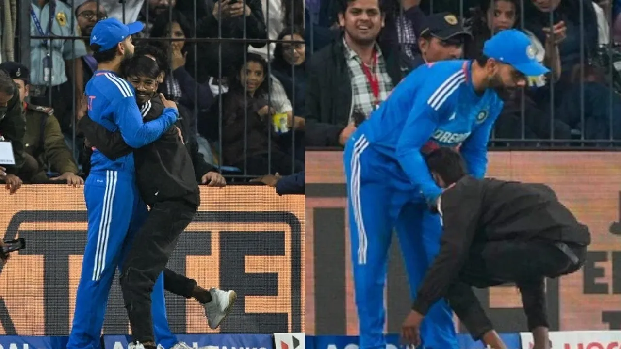 fan breaches security to hug and touch feet virat kohli