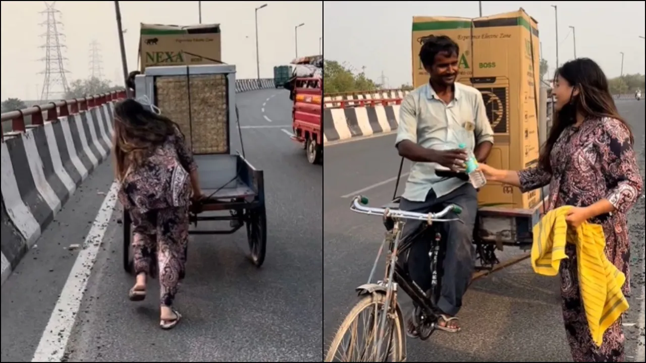 Girl help rickshaw puller