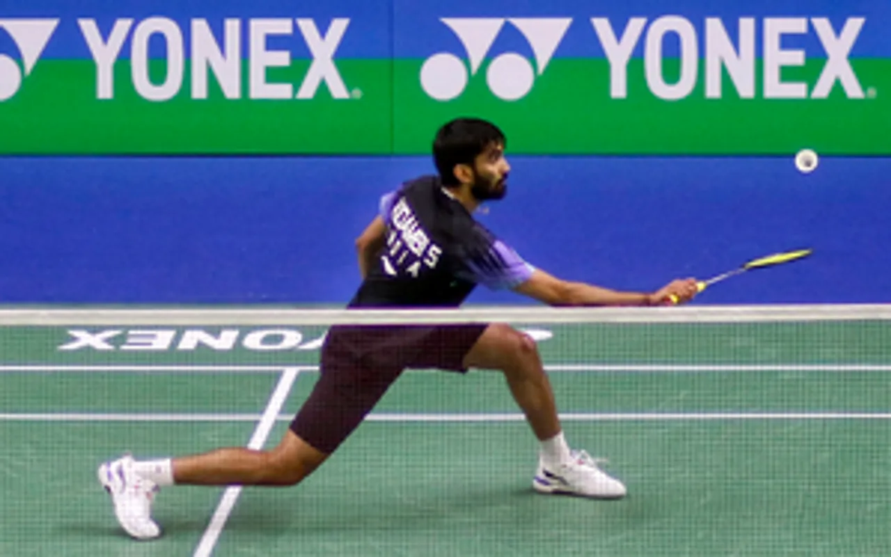 New Delhi : India's Srikanth Kidambi in action during the Round of 32 Men's single badminton match against Hong Kong's Lee Cheuk Yiu at the Yonex Sunrise India Open 2024