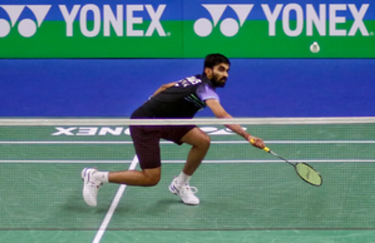 New Delhi : India's Srikanth Kidambi in action during the Round of 32 Men's single badminton match against Hong Kong's Lee Cheuk Yiu at the Yonex Sunrise India Open 2024