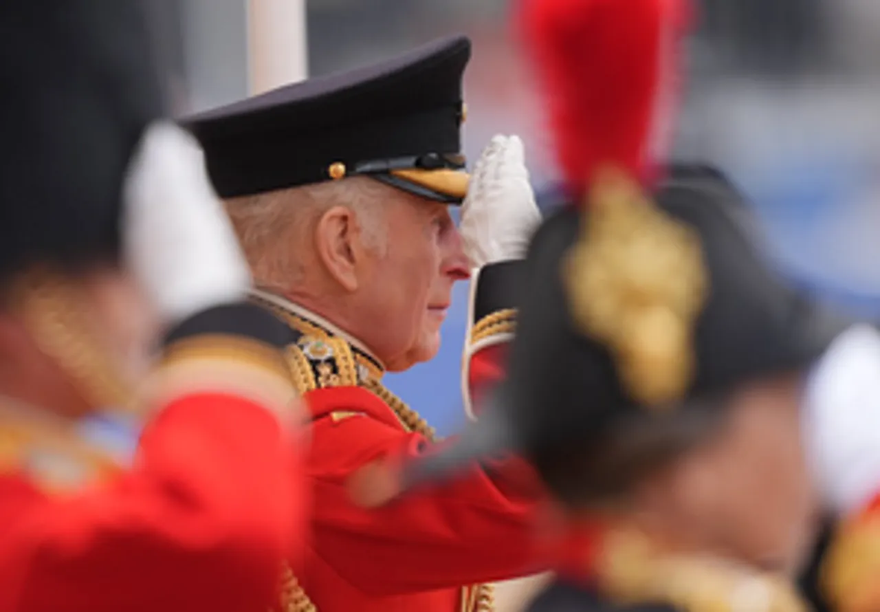 Britain's King Charles III takes a salute , during the Trooping the Color ceremony