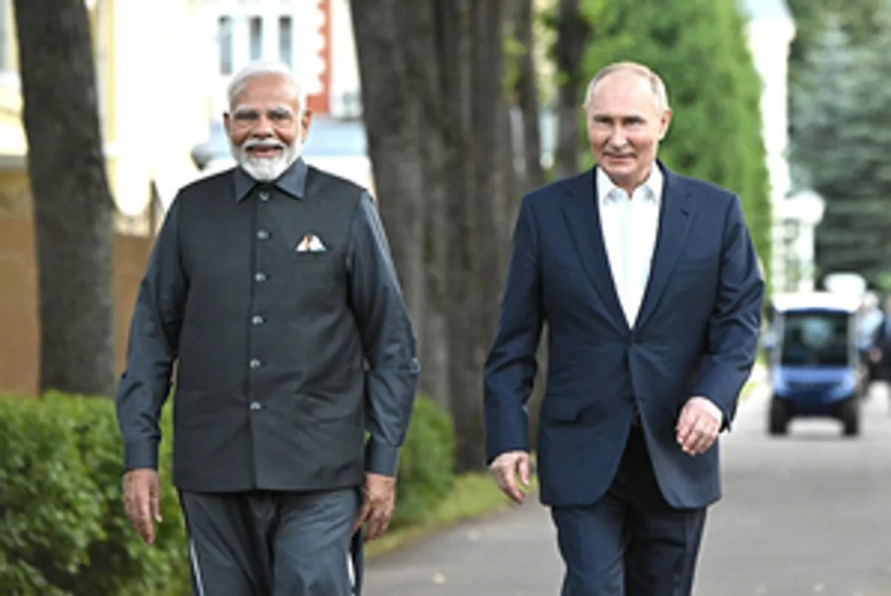 Moscow : Prime Minister Narendra Modi with Russian President Vladimir Putin during an informal meeting at Novo-Ogaryovo residence