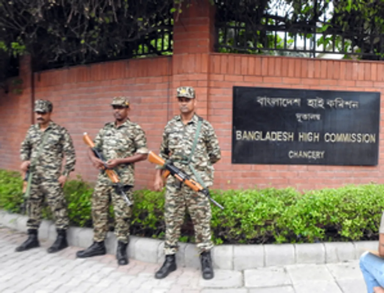 New Delhi: Police personnel stand guard as security is heightened outside the Bangladesh High Commission