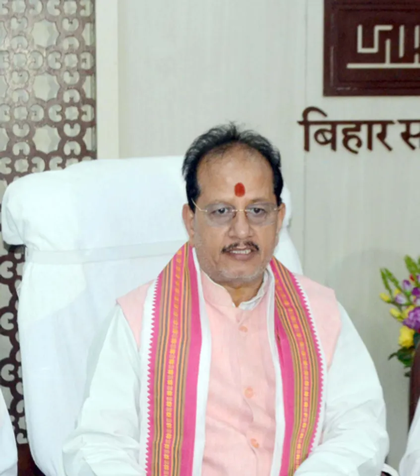 Patna: Bihar Deputy CM Vijay Kumar Sinha addresses a press conference