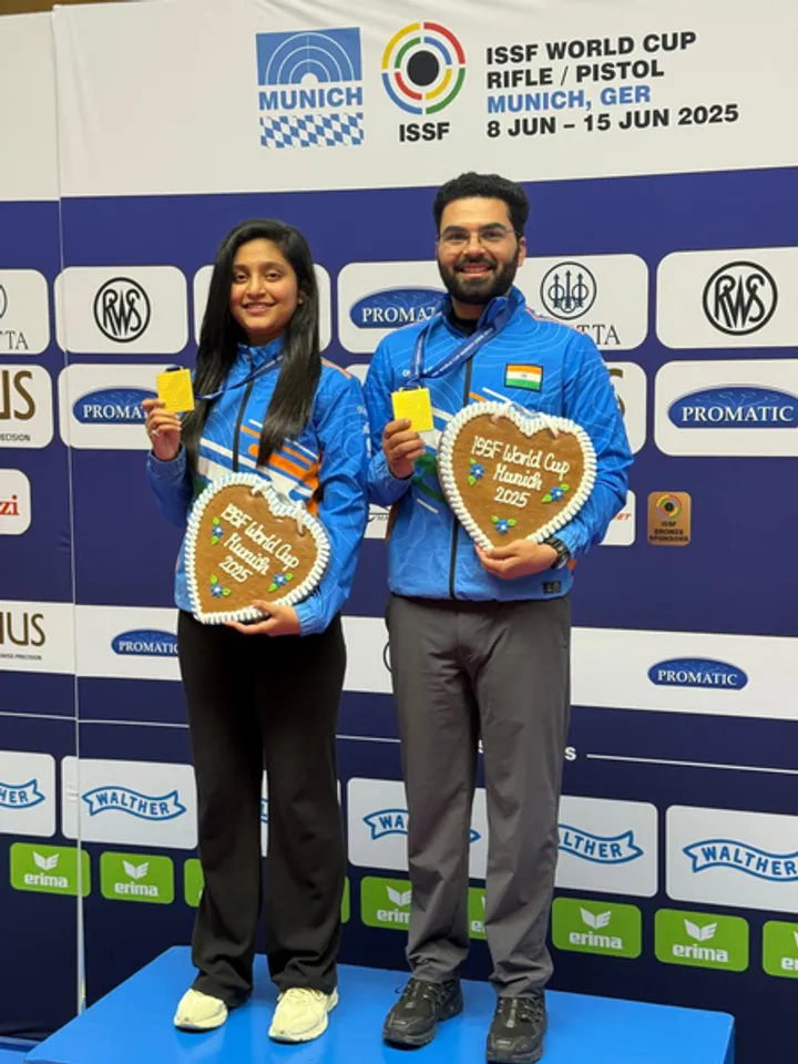 Arya Borse and Arjun Babuta bag gold in 10m air rifle mixed team event at the ISSF World Cup in Munich, Germany. Photo credit: NRAI