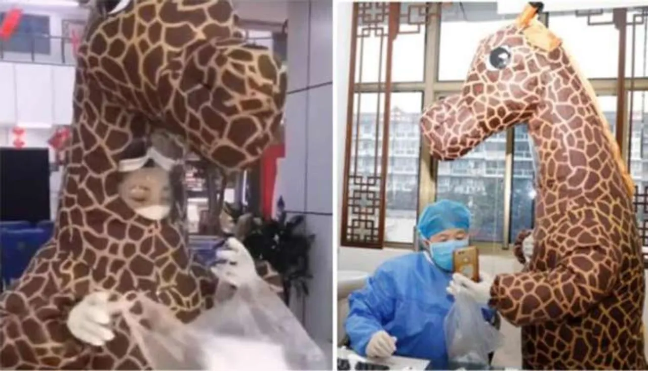 କରୋନା ଭାଇରସ୍‌ ପାଇଁ ଜିରାଫ୍‌ କଷ୍ଟ୍ୟୁମ୍‌ ପିନ୍ଧିଲେ ମହିଳା