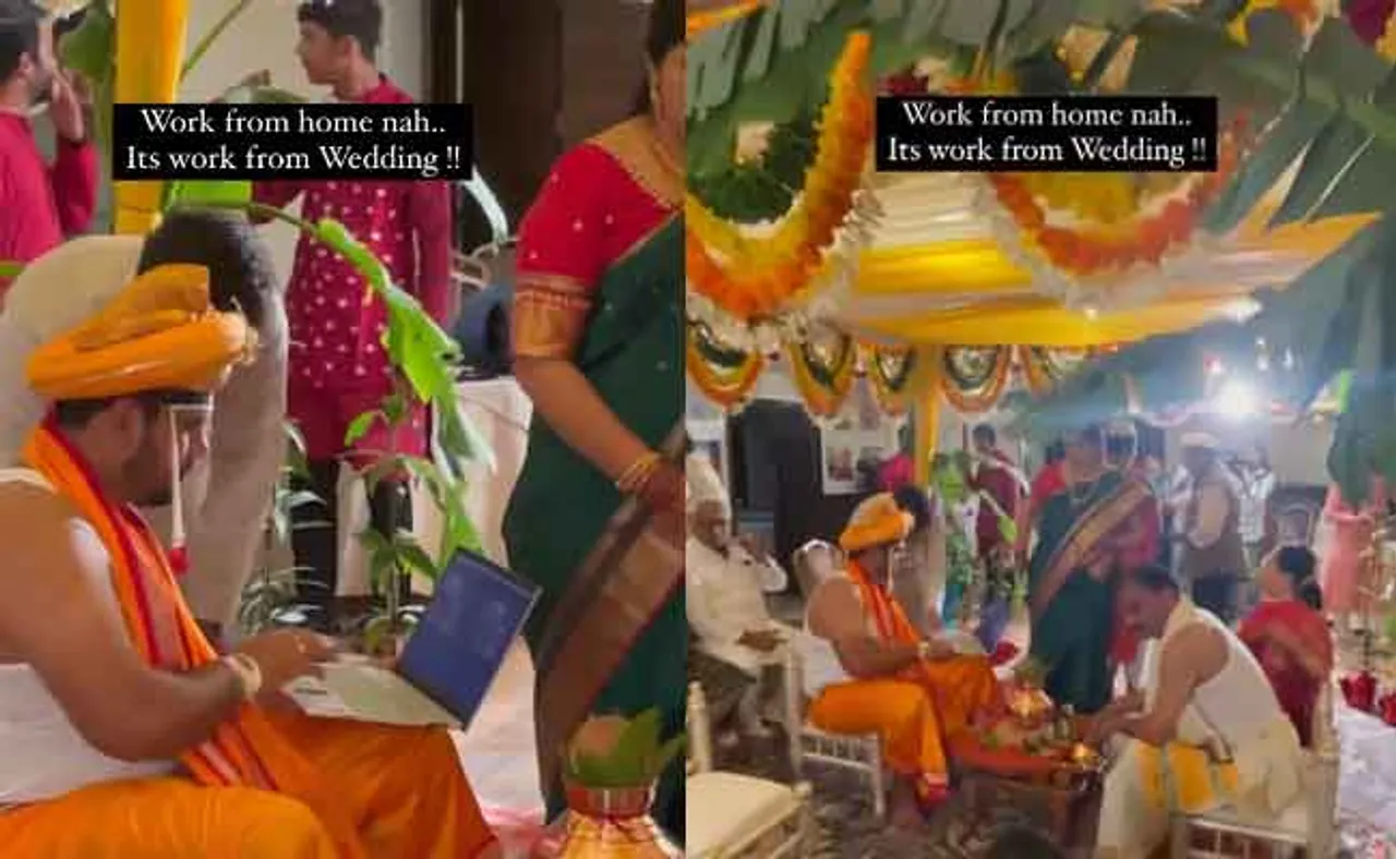 ୱାର୍କ ଫ୍ରମ୍‌ ମଣ୍ଡପ, ବର ହାତରେ ଲାପଟପ...