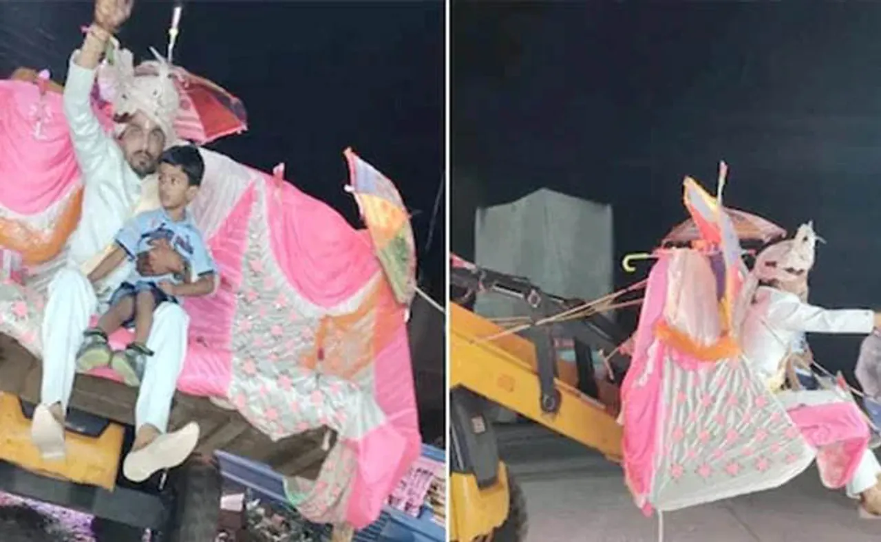 ବୁଲଡୋଜର ଉପରେ ବସି ଆସିଲେ ବର, କଟିଲା ଚାଲାଣ