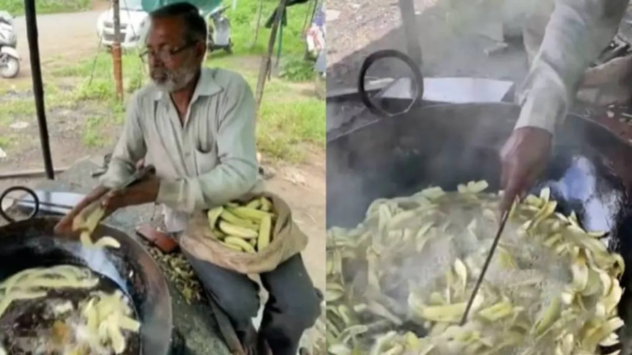 Blind man selling banana chips
