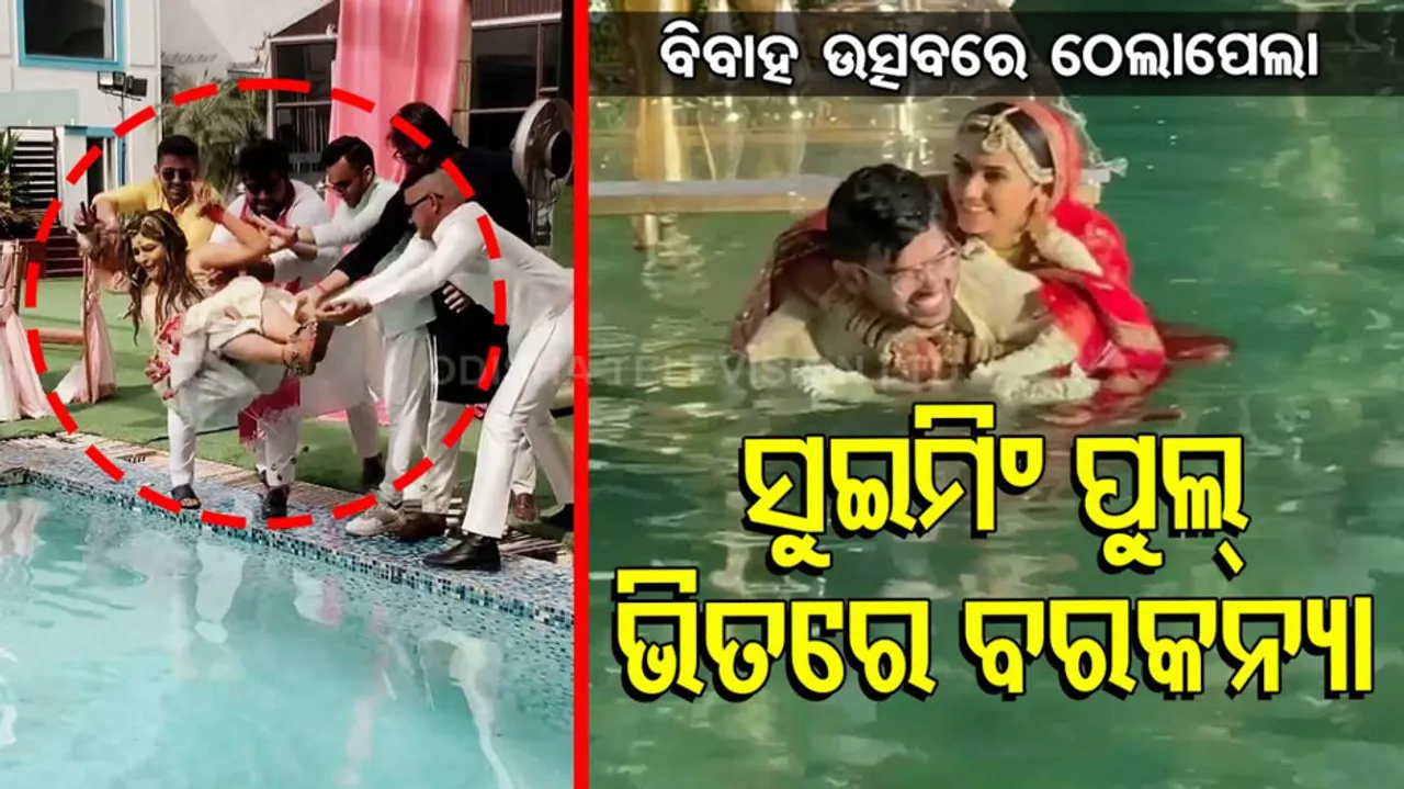 Bride-groom jumps into swimming pool
