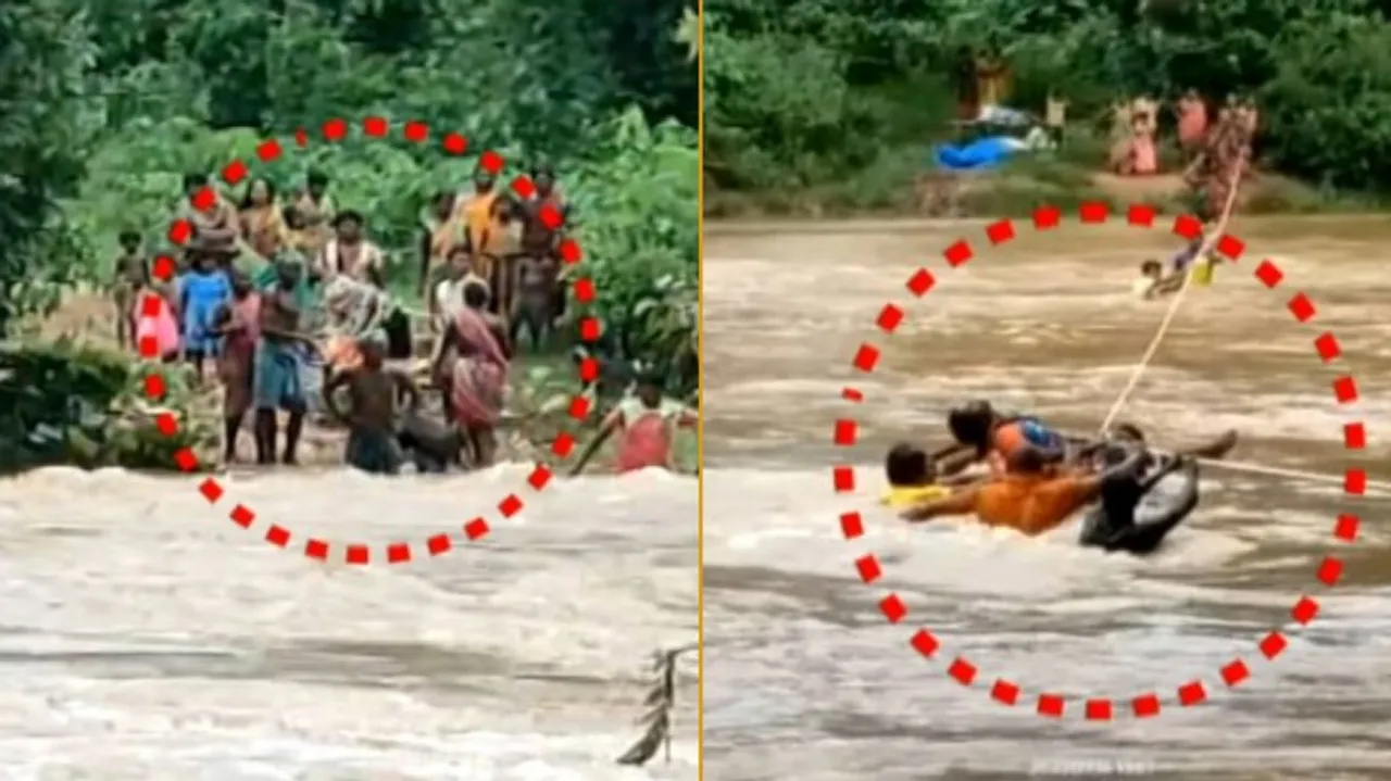 Pregnant Lady Carried Across in a rope 