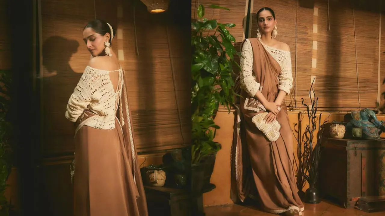sonam kapoor shared beautiful pictures wearing brown saree with backless blouse