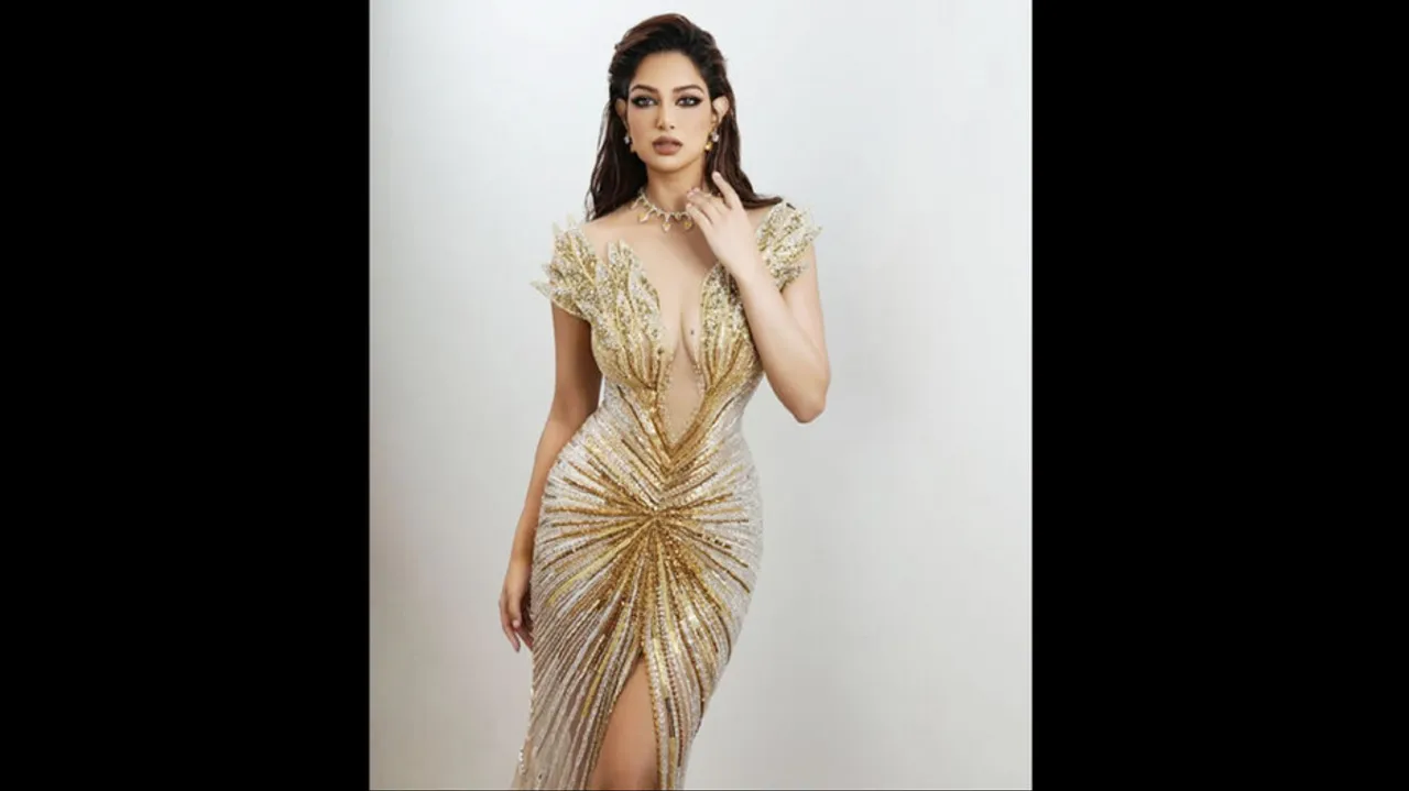 See harnaaz sandhu look in golden gown for miss cosmo 2024