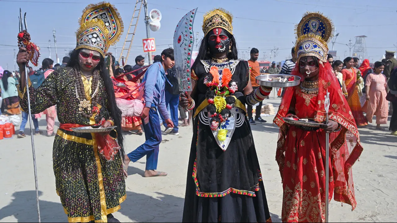 Devotees dressed as deities at Triveni Sangam at Maha Kumbh Mela Prayagraj