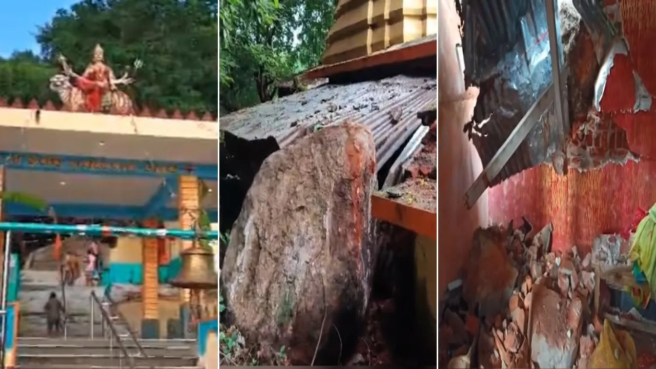 Rock collapse damages temple in Odisha’s Ganjam amid heavy rainfall induced by Cyclone Montha