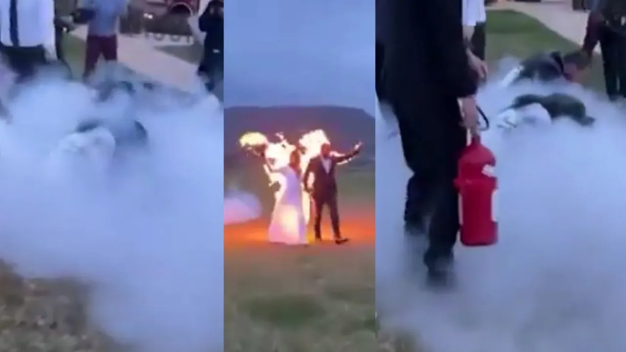 Stunt or Stupidity? Newlywed couple walk in flames to mark wedding day, watch