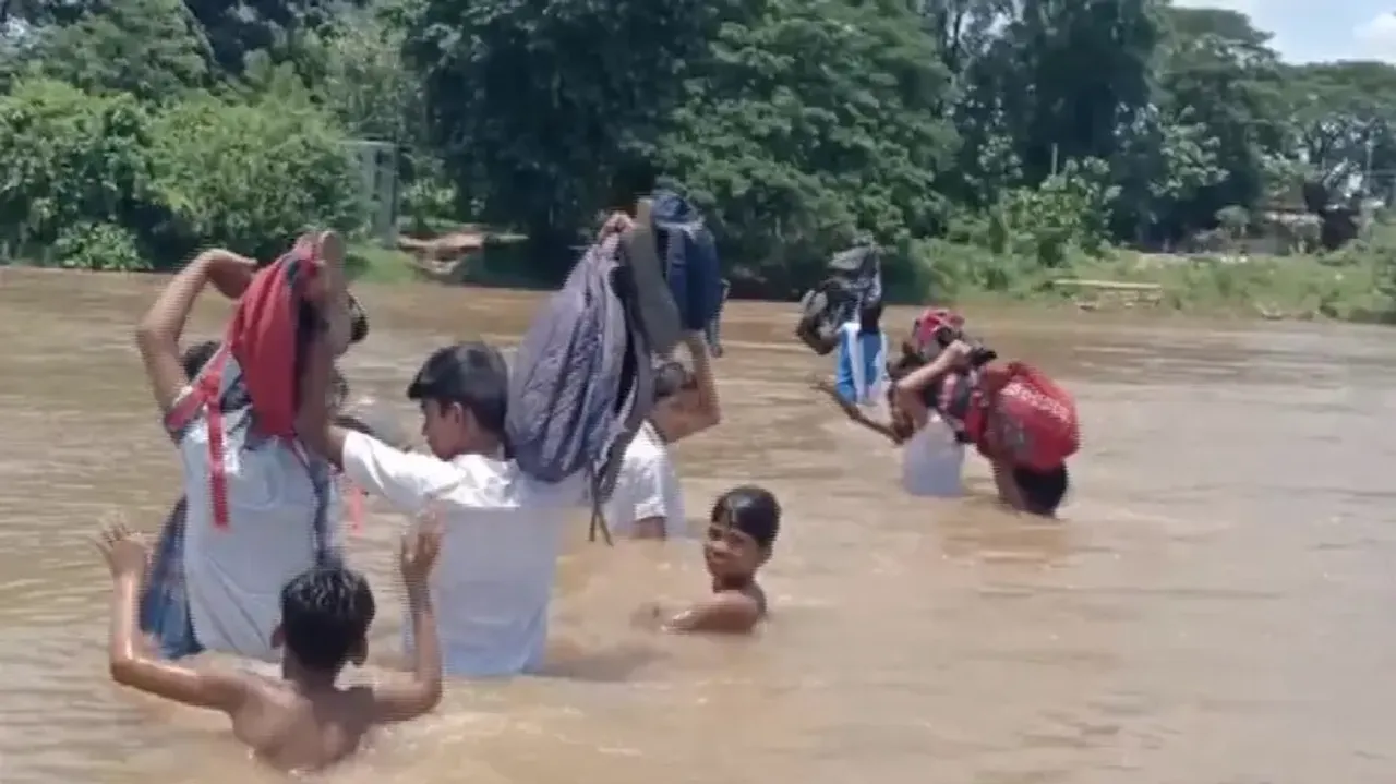 Students Cross Rushikulya River For School