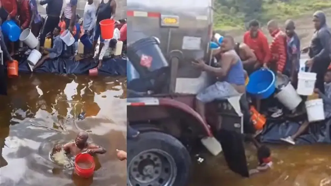 People swim in 'pool' of fuel after tanker overturns #Watch