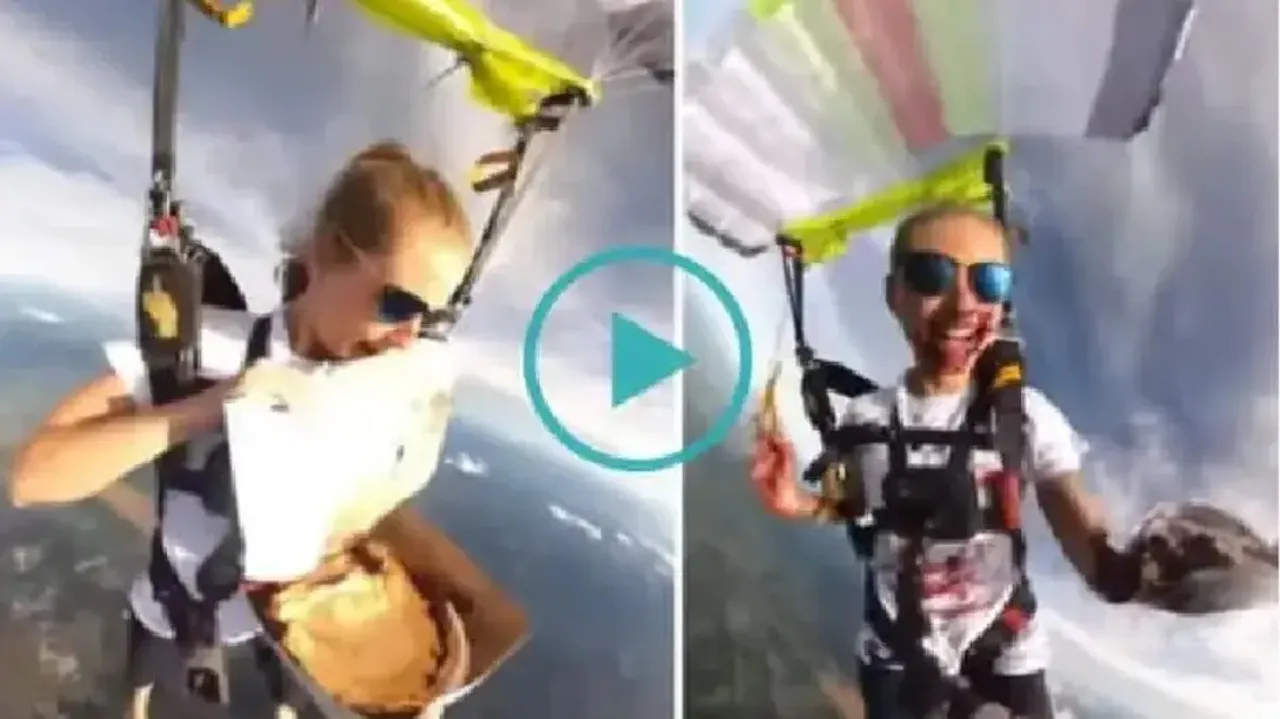 Woman eats pie while skydiving