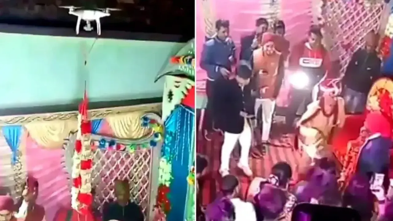 Angry groom smashes drone, fights on wedding stage
