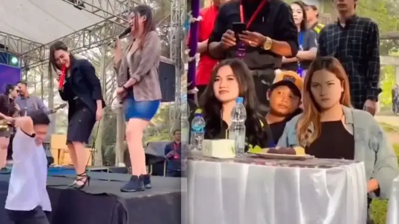 Excited man shakes leg with female singers, reaction of his wife is worth watching