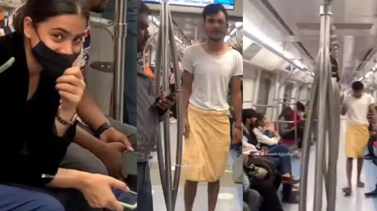Towel-clad youth travels in Delhi metro, women passengers burst into laughter; watch