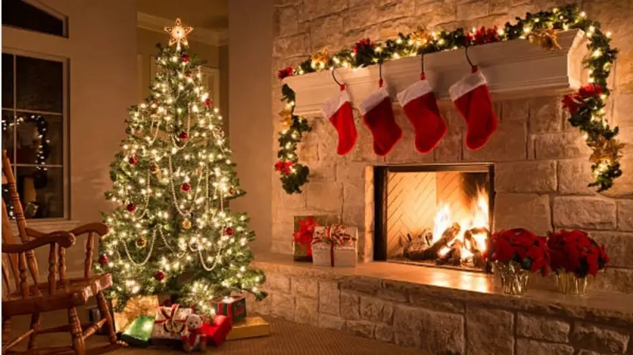 Christmas tree, gifts, socks, decorations and celebration