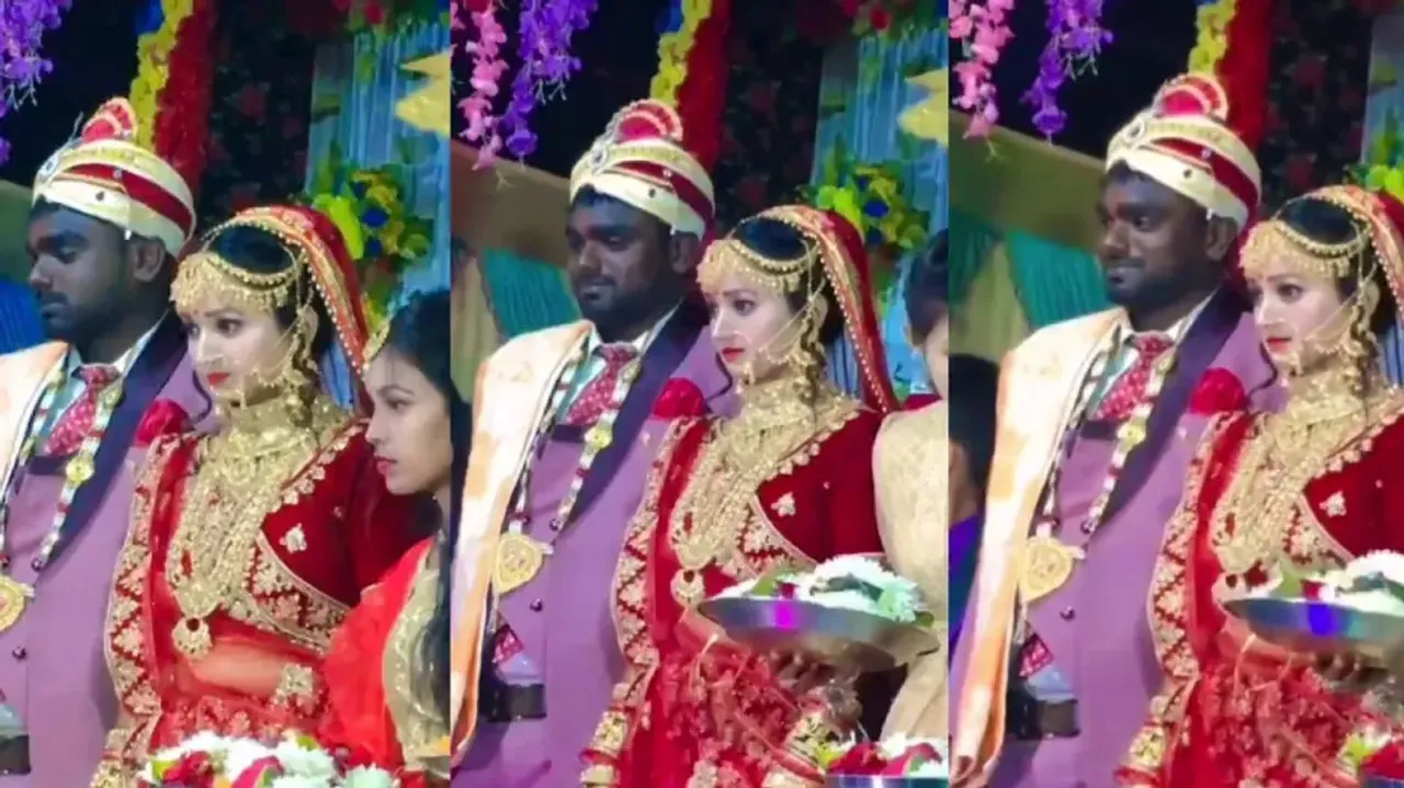 A happy groom but serious bride on wedding stage sparks debate on 'govt job power'