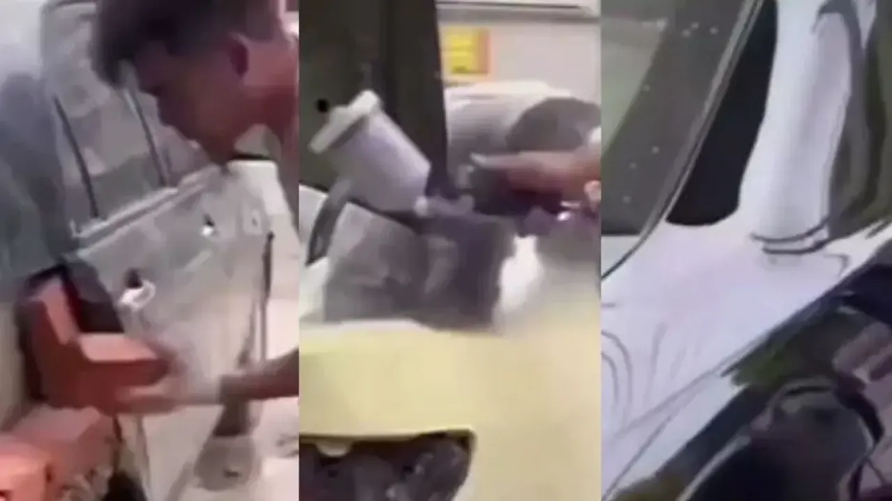 Real jugaad: Man repairs damaged car with bricks, cement