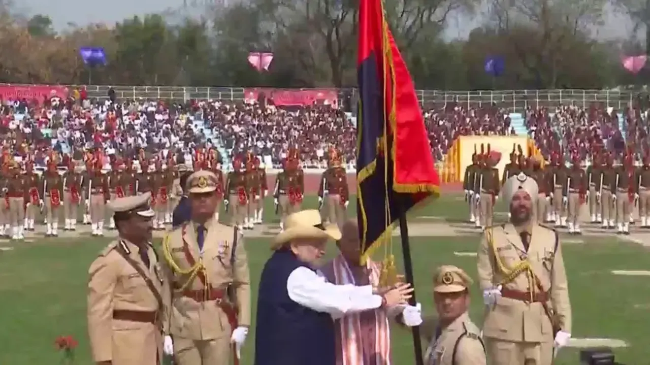Home Minister Amit Shah presents President's Colour to Haryana Police in Karnal