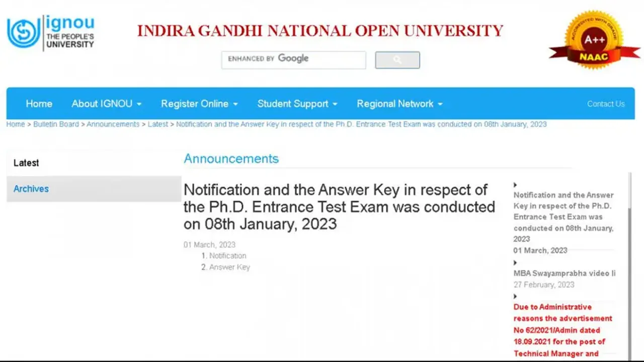 IGNOU releases PhD entrance exam answer key, know how to check 