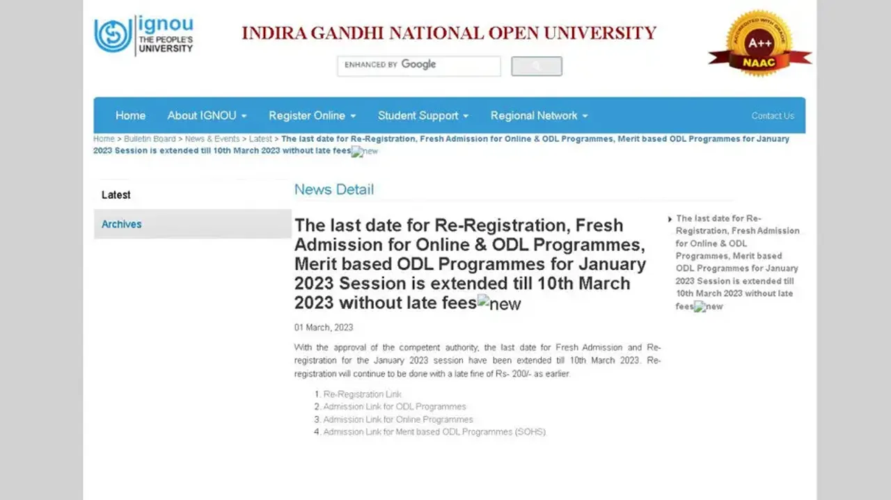 IGNOU extends re-registration, fresh admission date of January 2023 Session; check details