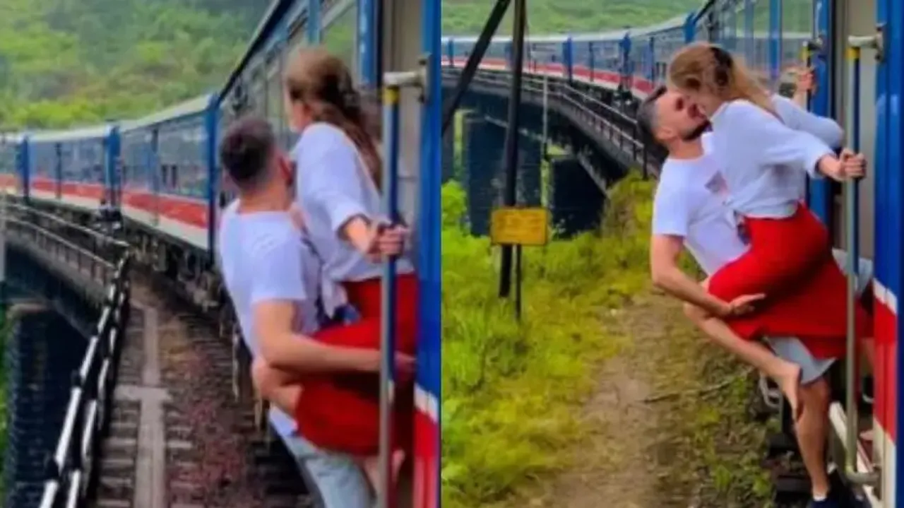 Couple locks lips on moving train ‘risking lives’