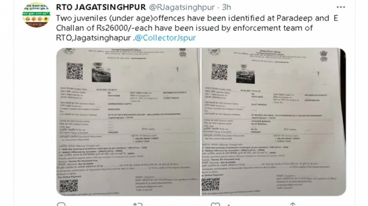 MV Act Violation: Two Minor Riders Fined Rs 52,000 In Jagatsinghpur